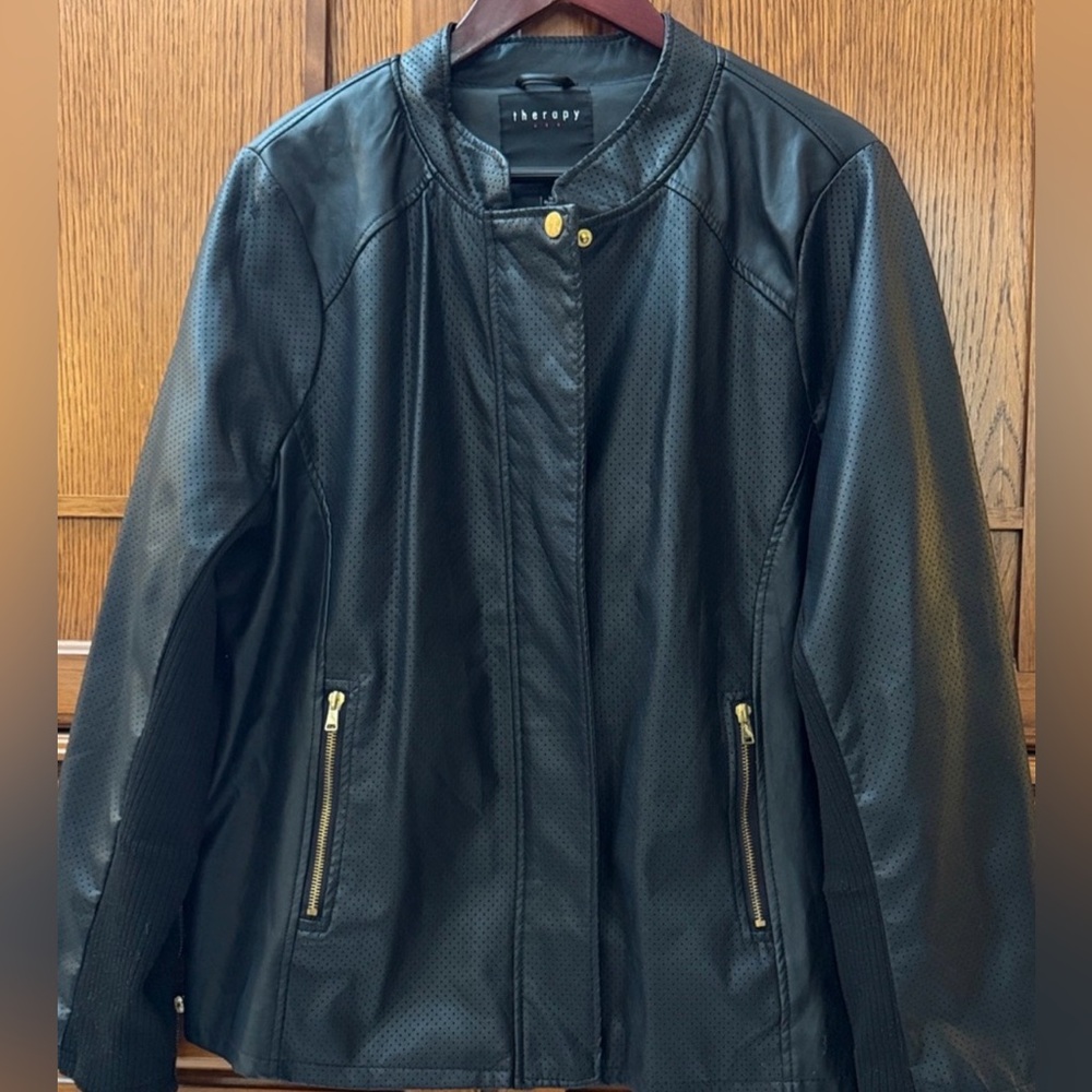 Therapy Faux Leather Moto Biker Jacket Gold Zippers Fully Lined Edgy Grunge Goth